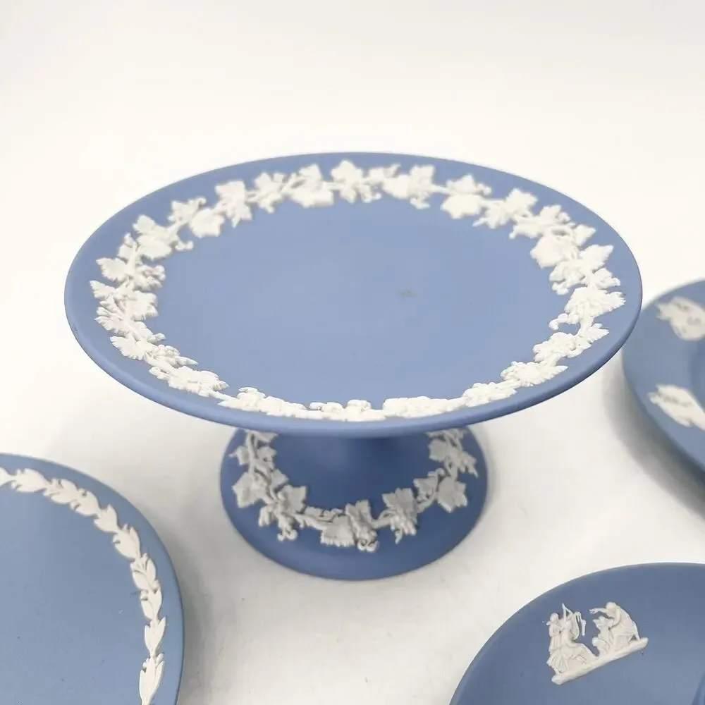 7 Pc Vintage Blue Wedgwood Jasperware Trinket Dishes Astray Plates Cup